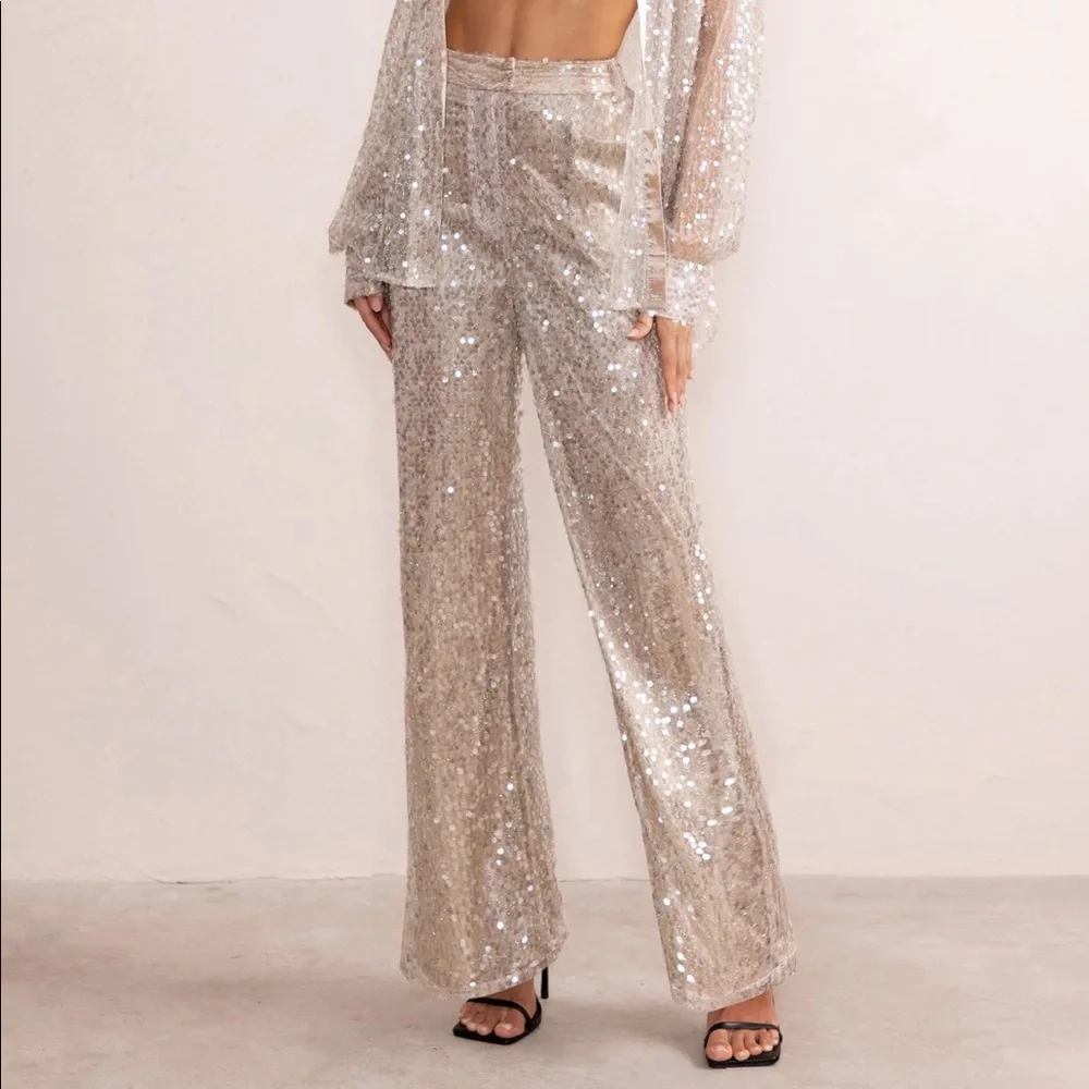 Champagne color sequins 3pc coordinating set: bralette, pants & button-up shirt - Picture 2 of 5